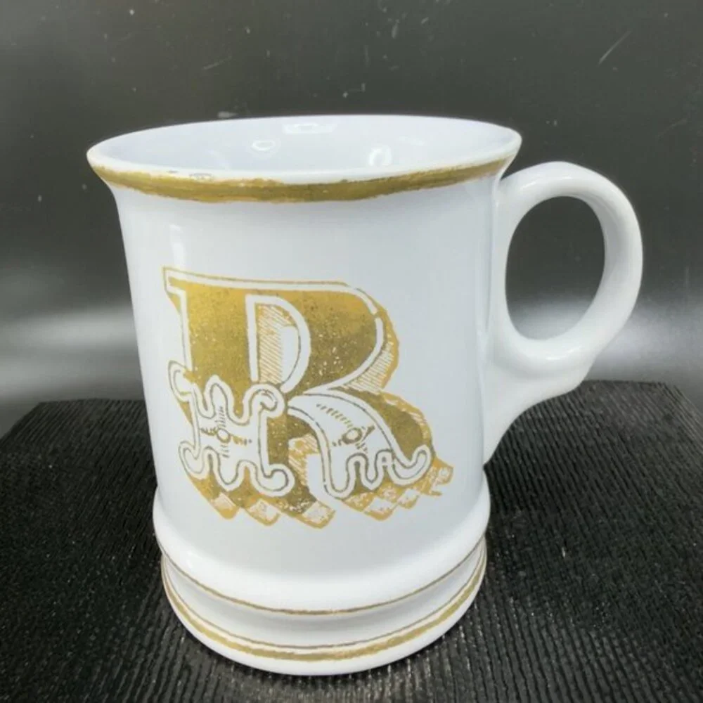 Williams Sonoma Brushed Gold Monogram Letter R Ceramic White Gold Coffee Mug Cup